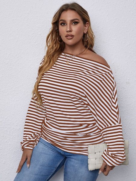 

plus striped asymmetrical neck batwing sleeve tee o6pm#, Black;gray