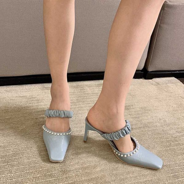 

slippers summer square head pearl fold muller shoes lazy high-heeled sandals and baotou word with banquet, Black