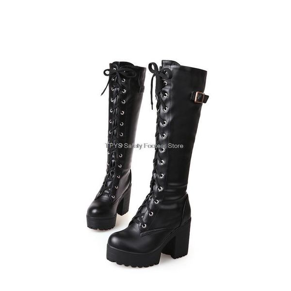 

boots knee high for women autumn winter lace up rubber platform shoes heels female gothic long booties 34-43, Black