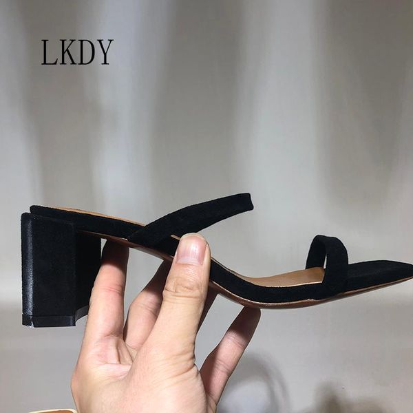 

dress shoes 2109 lkdy summer sheep suede leather high heels square with round head sandals wedges slippers double lace-up casual, Black