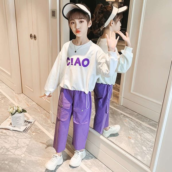

autumn new spring and tricolor suit 2021 zhongda children's korean fashion loose girls' casual pants two piece set, White