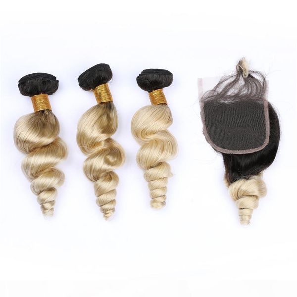 

peruvian ombre hair bundles with closure 4" * 4" #1b #613 dark root ombre deep wave hair bundles with closure, Black;brown