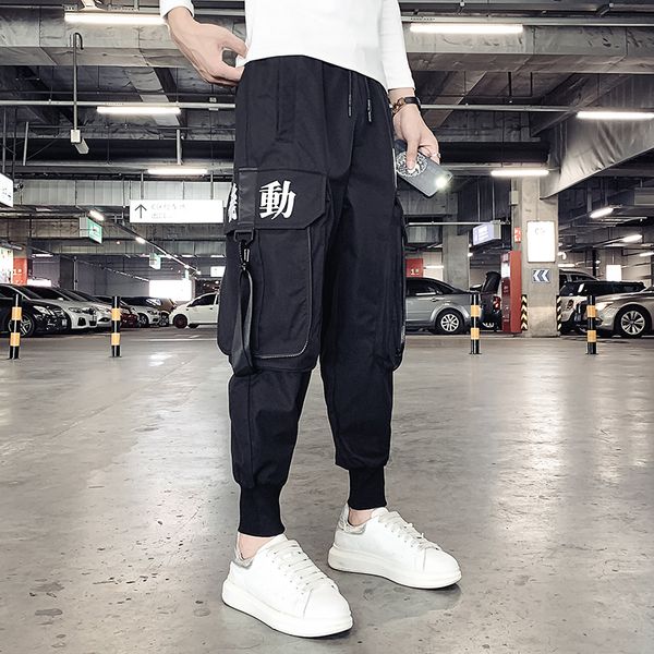 

new 2021 multi-pocket men hare man's streetwear punk ribbons load hip hop pants casual hombre runners by7t, Black