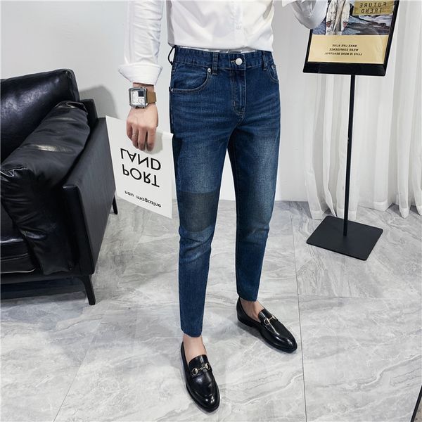 

Dark 2021 New Blue All Over the Korean Game Elastic Fit Brem Pants Thin Men Clothes Knee Shredded Color Streetwear Casual Denim TDEP