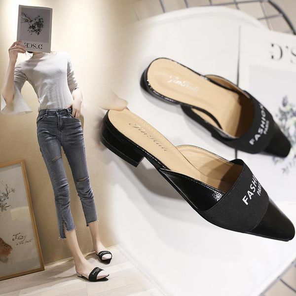 

slippers all-match squarehead thickwith letter half female low-heeled fairy style fashion outer wear sandals and summer, Black
