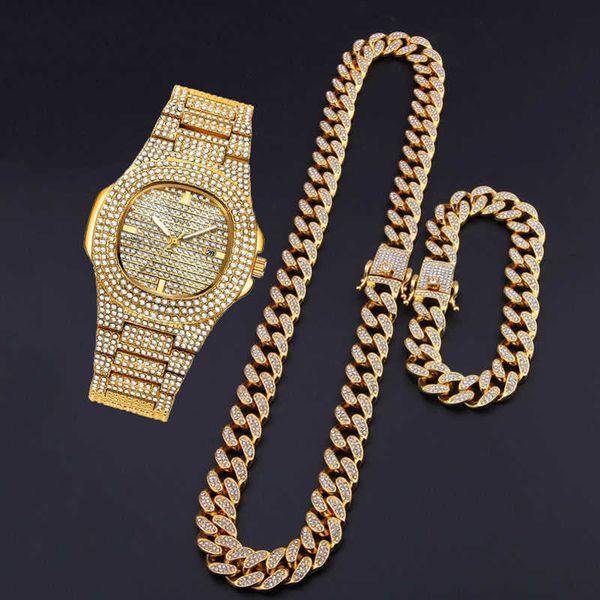 Iced Out Watch Chain Hip Hop Orologi Mens 2010 Bling Gold Diamond Watch per uomo Orologio da polso impermeabile Mens Reloj Diamante Hombre H1012