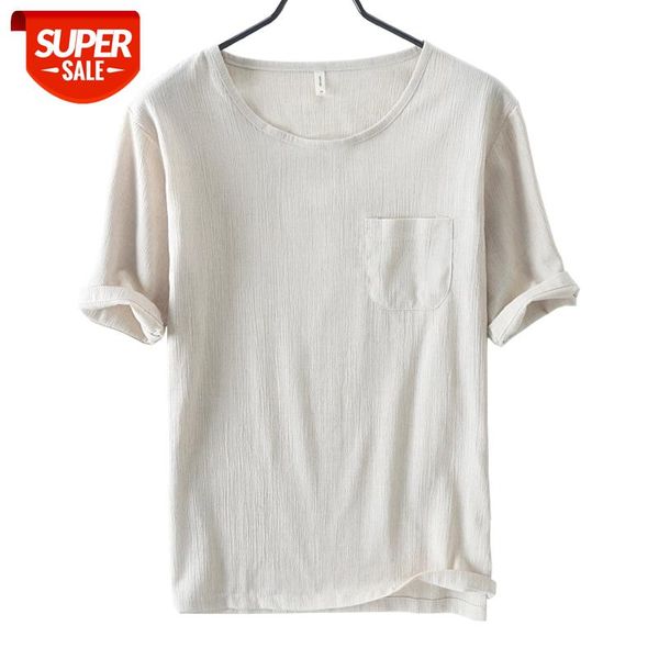 

o-neck short sleeve t-shirts for men loose casual solid color & tees chest patch pocket cotton linen men's fashion clothing #gg6f, White;black