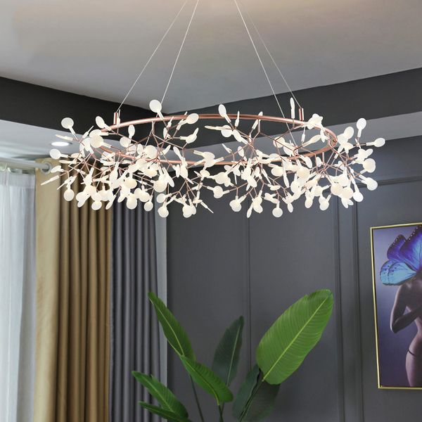 Lampadario nordico sospeso per soggiorno, cucina moderna, lampada lucciola, illuminazione ristorante rotondo in oro rosa/ramo nero