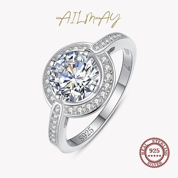 

cluster rings ailmay 10 hearts arrows zircon round luxury classic style solid 925 sterling silver for women wedding jewelry, Golden;silver