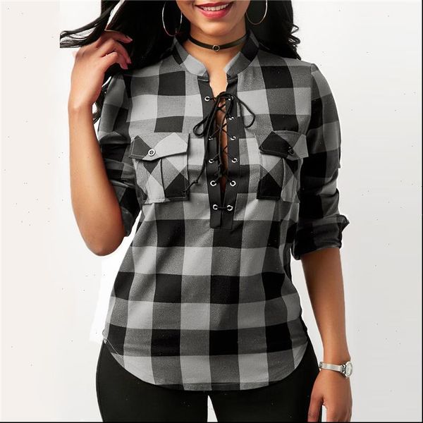

women plaid shirts lace up shirt tunic casual plus size 5xl blusas 2021 spring long sleeve blouses shirt office lady, White
