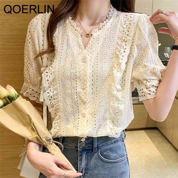 

summer chiffon shirt short sleeve women v neck blouse chic korean style hollow out lace ruffles plus size s-2xl 210601, White