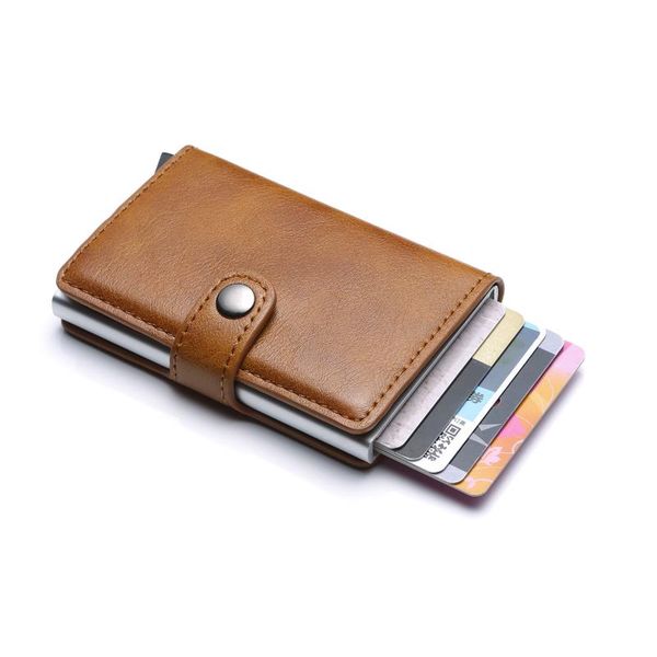 

card holders pu aluminum alloy bag rfid shielding anti-theft wallet short women purses mini money holder box, Brown;gray