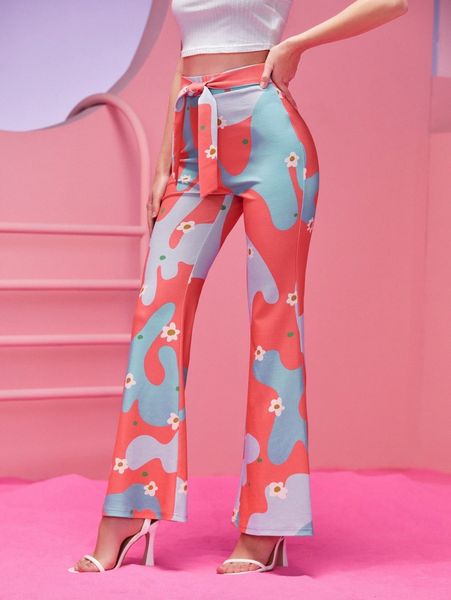 

x naomi jasmin floral & graphic pattern flare leg belted pants y7ai#, Black;white