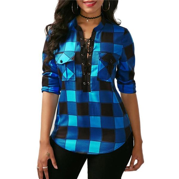 

2021 fashion women's long sleeve blouses spring autumn deep v neck bandage shirts for women lace up plaid tees clothes, White