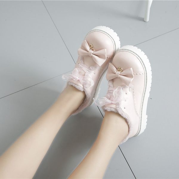 

japanese winter round head lolita bottom thick cotton soft velvet beautiful college sweet princess platform girl shoes c5vh, Black