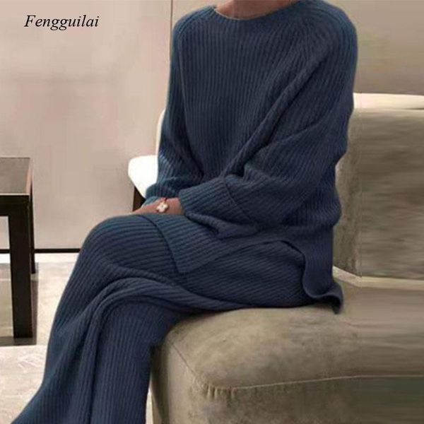 

women's two piece pants fall/winter fashion soft homewear 2-piece set elegant o-neck pullover and knit pure color pajama home, White