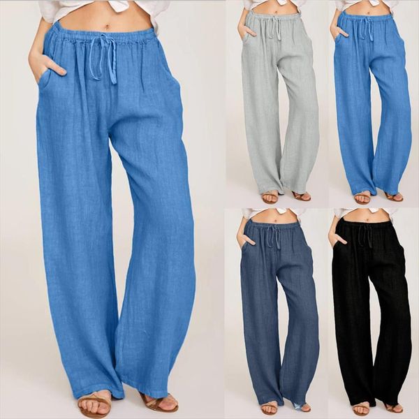 

summer fashion plus size womens pants 3xl casual solid cotton pockets loose drawstring elastic waist long wide leg trousers, Black;white