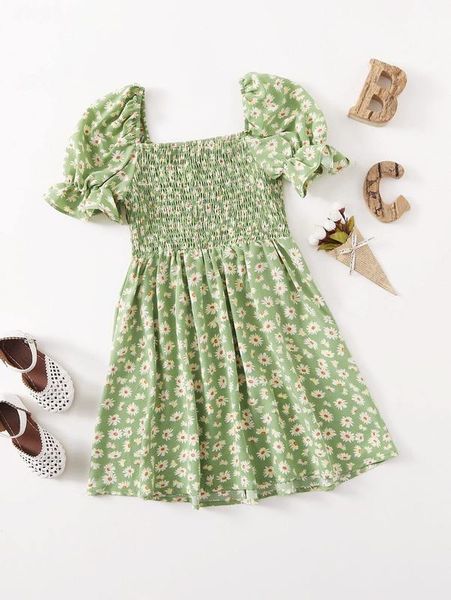 

girls puff sleeve shirred bodice daisy floral dress she, Red;yellow