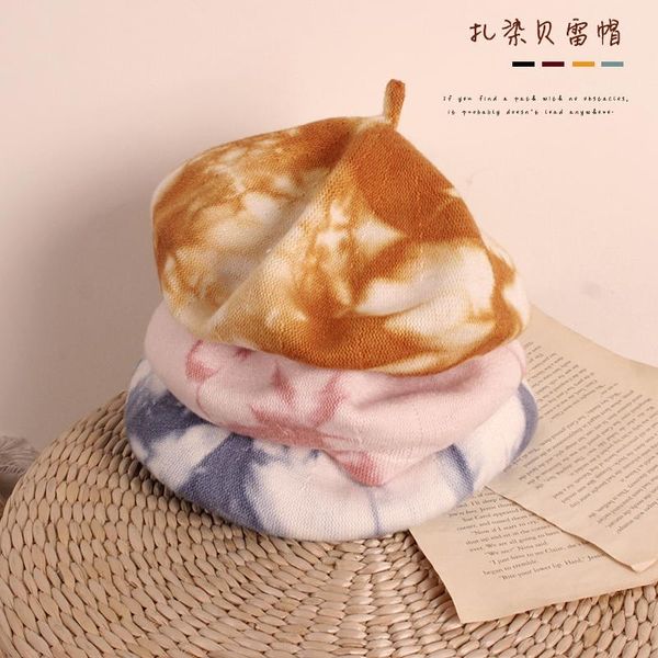 

caps & hats 5-8 years toddler kids beret hat classic french style tie dye printed autumn winter beanie for boys girls 4 colors, Yellow