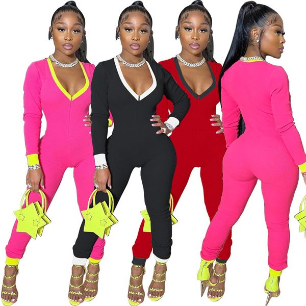 

deep v-neck solid color zipper long sleeve slim plus size jumpsuit women clubwear new arrival 2021 corset 73zm, Gray