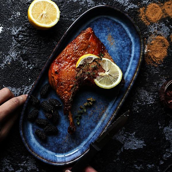 

dishes & plates deep blue ceramic plate oval long 12inch 900g big dish for fish chicken wing bar tableware