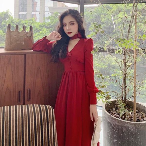 

casual dresses early spring temperament french style first love dress retro red medium length high waist slim, Black;gray