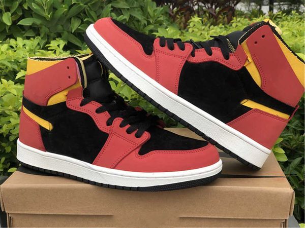 

genuine jumpman 1 men's basketball shoes, red upper, black and yellow color matching sports shoelace shoe box, full size 40--46f2ar