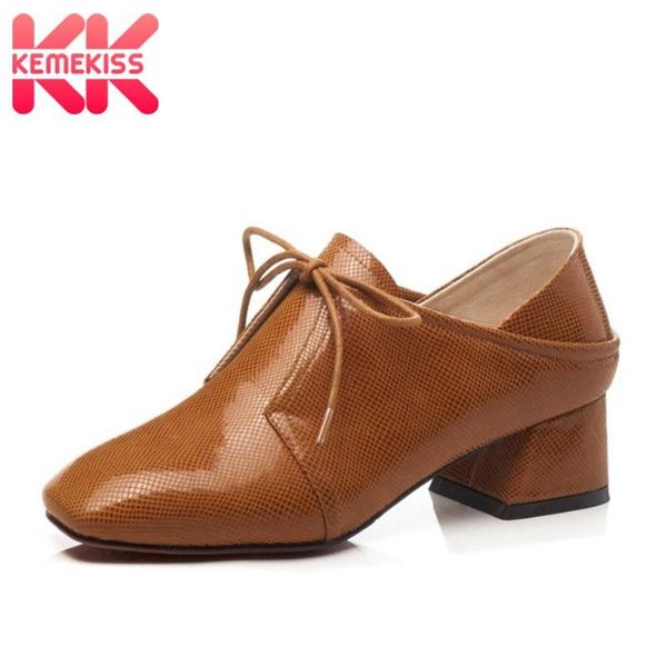

dress shoes kemekiss real leather square heel women pumps fashion vintage pointed toe lacing travel female footwear size 34-39, Black