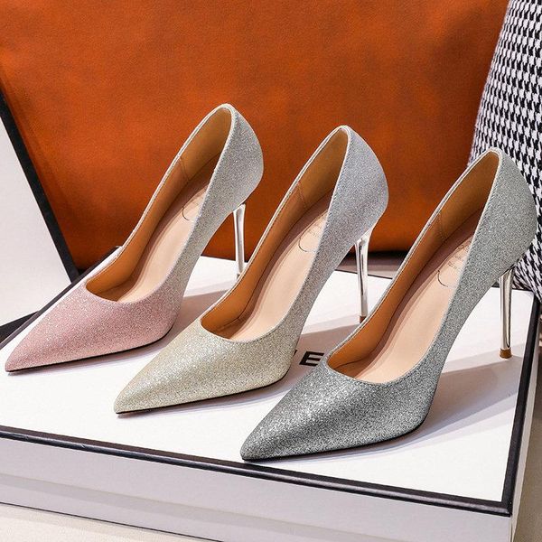 

dress shoes 2021 gradient color sequins bridal pumps high-heel wedding super high stiletto large size 43 ladies banquet, Black
