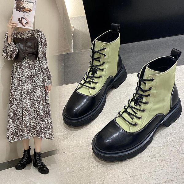 

boots women british style 2021 thick-soled lace-up combat trend ankle platform, Black