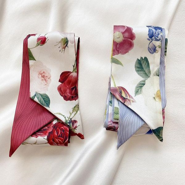 

scarves floral print double sides silk scarf thin long ribbon hair band elegant ties streamers female narrow headbands wrist towel, Blue;gray