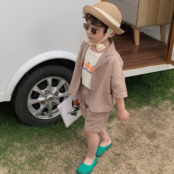 

2 6y korean style boys cotton linen clothing kids set shirt shorts 2pcs suits summer boy, White