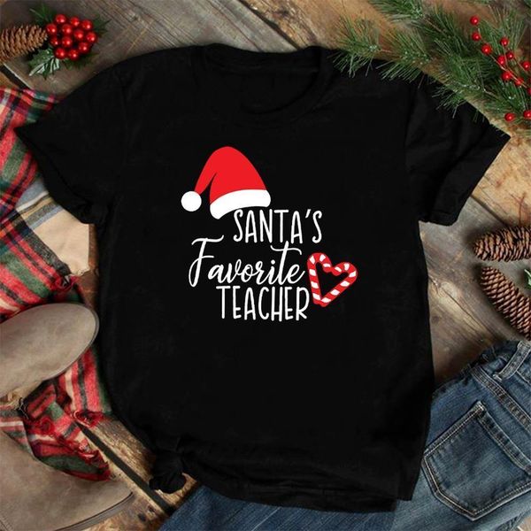 

2021 santa's favorite teacher print women t-shirt christmas santa hat candy cane heart print graphic t shirts harajuku xmas tees, White