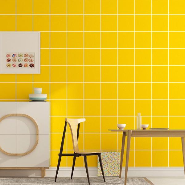 

yellow plaid wallpaper northern european ins modern minimalist style box bedroom background of television in the drawing room