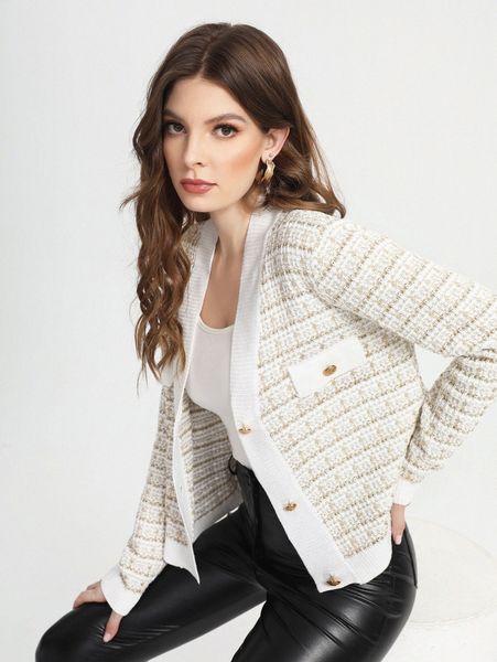 

plaid pattern button through flap detail cardigan e7kh#, White