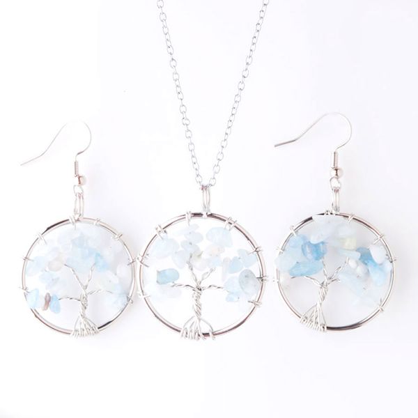 

wojiaer reiki jewelry sets tree of life natural aquamarine gem stone drop necklaces pendant earrings healing dq8008, Black