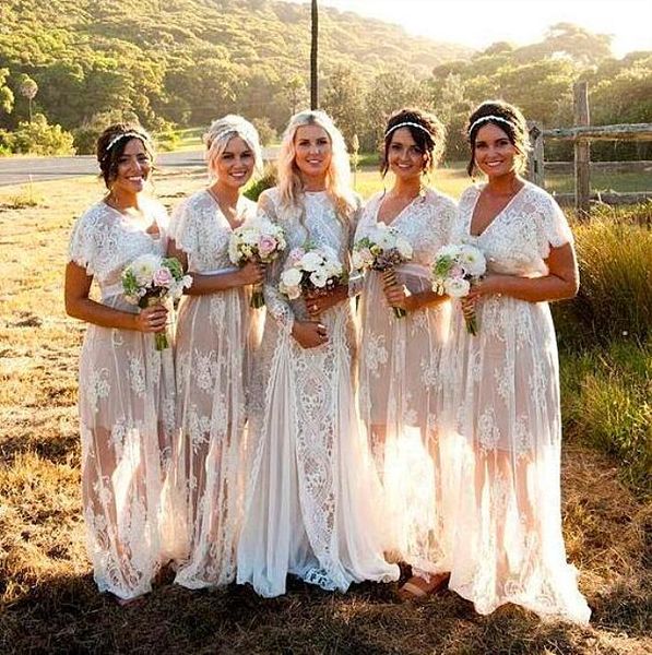 

ivory lace bridesmaid dresses 2021 a line v neck short sleeves floor length plus size maid of honor gown country wedding party gowns vestido, White;pink
