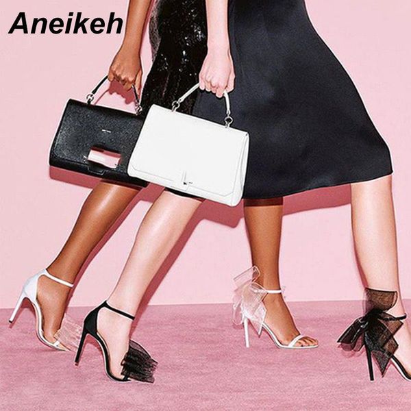 

aneikeh summer 2021 classic pu sandals women butterfly-knot flower buckle strap cover heel thin high heels party black size 3-9