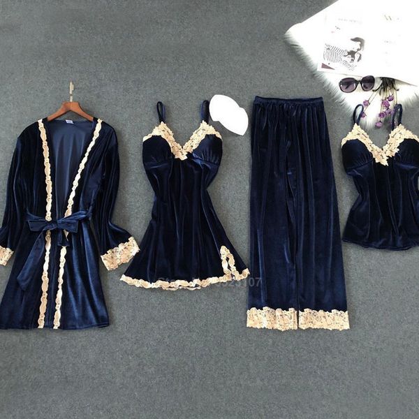 

autumn women velvet pajamas set soft keep warm sleepwear polyester 4pcs full sleeve strap nightgown bath robe lingerie suit, Black;red