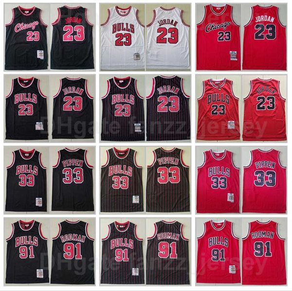 

men basketball mitchell and ness scottie pippen jersey vintage 33 dennis rodman 91 michael 23 all stitched retro red black white good qualit, Black;red