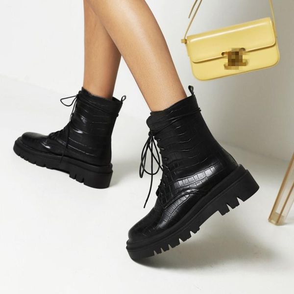 

boots ochanmeb ins chic waterproof platform motorcycle for women autumn winter crocodile leather round toe woman shoes 43, Black