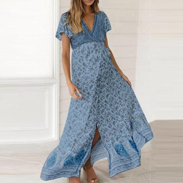 

women fashion long dresses summer vintage floral printed v-neck short sleeve elastic waist lace-up slit long dress elegant, White