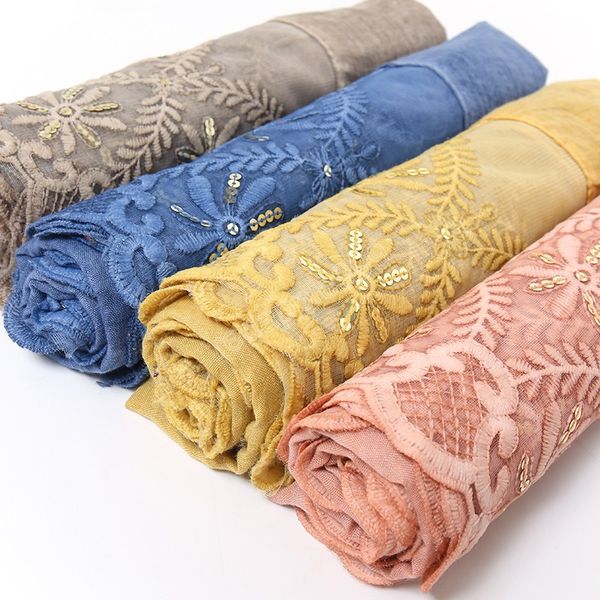 Damen bestickter Batik-Baumwollschal, schlichter Blumenschal, Gold-Pailletten, Übergröße, muslimischer Hijab, Spitze, Blumen-Baumwolle