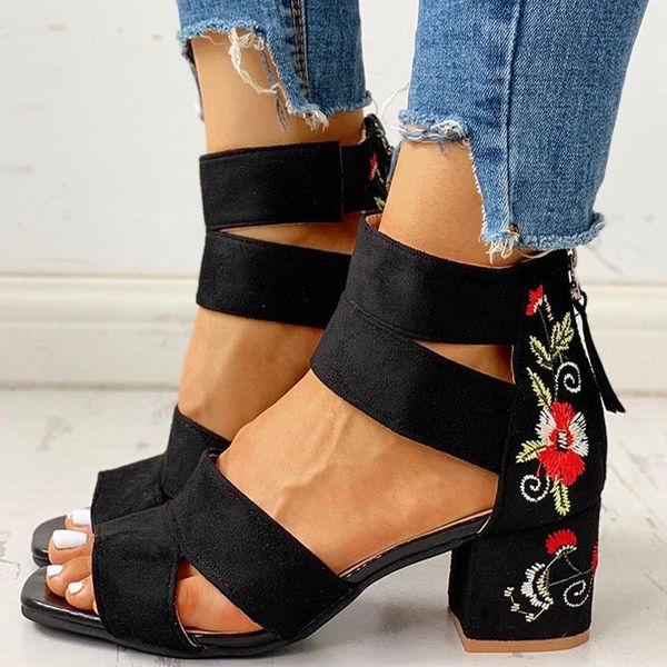

dress shoes woman pumps high heels elastic band zipper rubber open toe embroider dancing party wedding ladies, Black