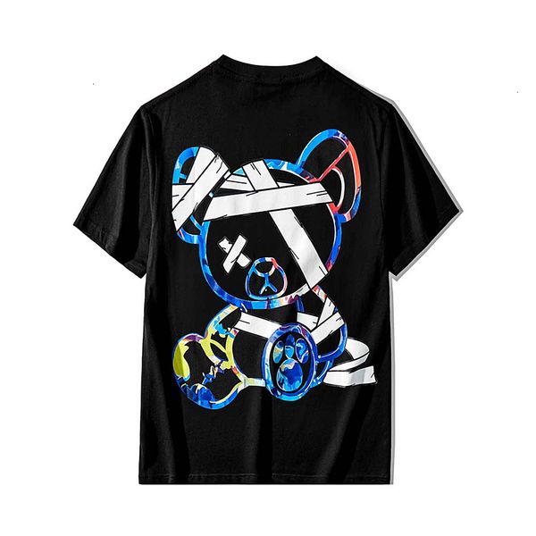 

2021 summer trend new gradient cartoon bear print o-neck men's and women's oversized short sleeve t-shirt vn08, White;black
