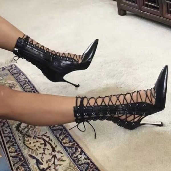 

new cutouts lace up women boots straps high heels gladiator shoes woman pointy toe black fashion ankle boots for women