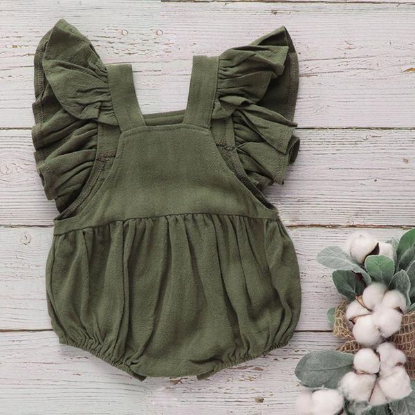 

rompers summer infant baby girls boys bodysuits solid color pleated flying ruffled sleeve crotch button jumpsuits 0-2 years old, Blue