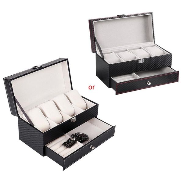 

watch boxes & cases 4 grids double layers box case carbon fiber pu jewelry rings earrings display storage holder organizer, Black;blue