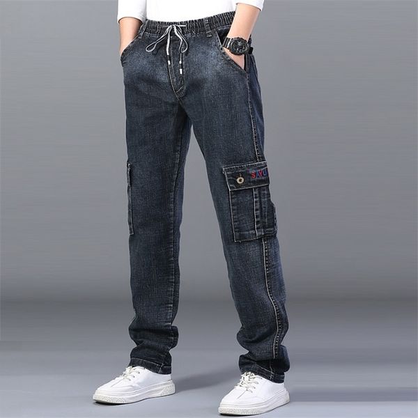 

men's high waist jeans straight large size dinem trouser male black side multi pocket blue loose elastic band cargo pants 210723