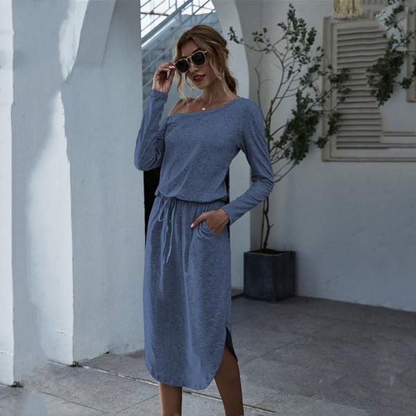 

casual dresses autumn color cotton solid strapless long sleeved pocket slit dress women's 2021 bodycon office black midi female, Black;gray